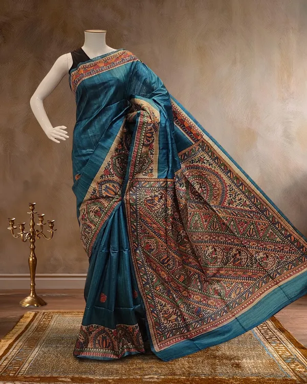 Madhubani_Silkmark_Gicha_Tussar_Silk_Peacock_Blue_Saree