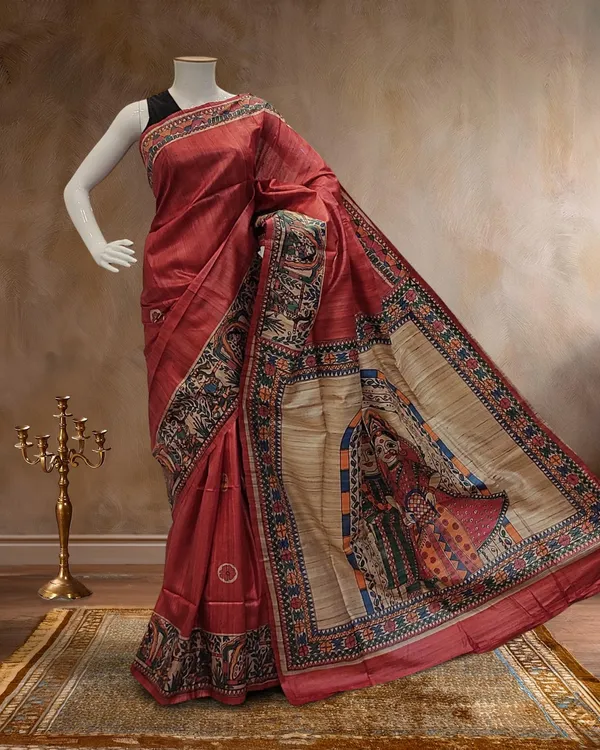 Madhubani_Silkmark_Gicha_Tussar_Silk_Scarlet_Red_Saree