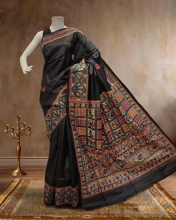Madhubani_Silkmark_Gicha_Tussar_Silk_Matte_Black_Saree