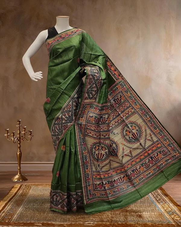 Madhubani_Silkmark_Gicha_Tussar_Silk_Forest_Green_Saree