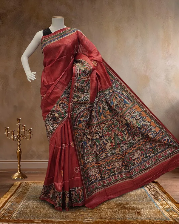 Madhubani_Silkmark_Gicha_Tussar_Silk_Ruby_Red_Saree