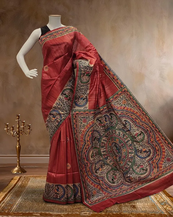 Madhubani_Silkmark_Gicha_Tussar_Silk_Rosy_Red_Saree