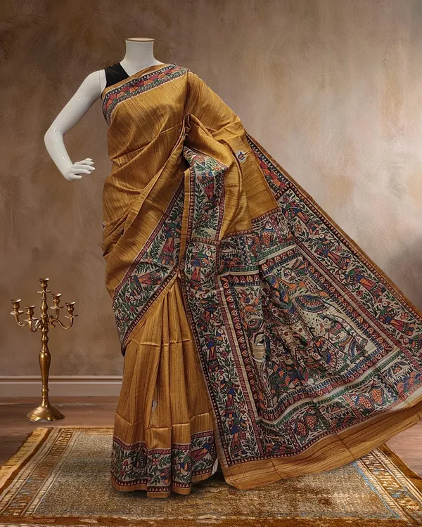 Madhubani_Silkmark_Gicha_Tussar_Silk_Spicy_Mustard_Saree