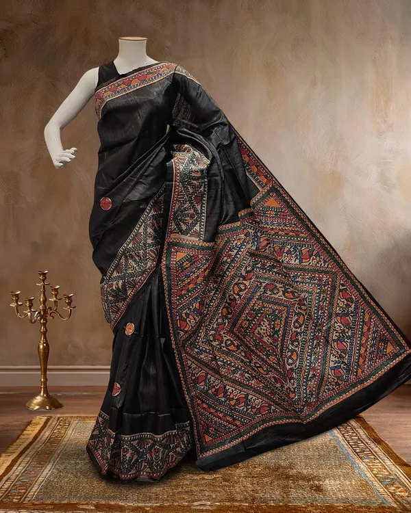 Madhubani_Silkmark_Gicha_Tussar_Silk_Glossy_Black_Saree