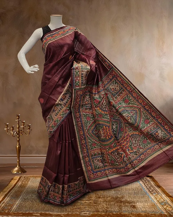 Madhubani_Silkmark_Gicha_Tussar_Silk_Elegant_Wine_Saree