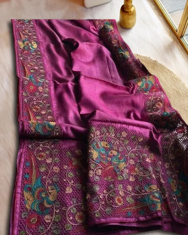Silkmark_Certified_Elegant_Pure_Tussar_Cutwork_Dark_Magenta_Saree