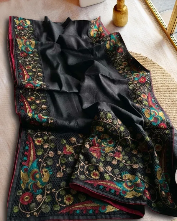 Silkmark_Certified_Rustic_Pure_Tussar_Cutwork_Eerie_Black_Saree