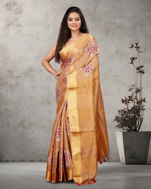 Shiromani_Tissue_Linen_Golden_Brown_Embroidered_Saree