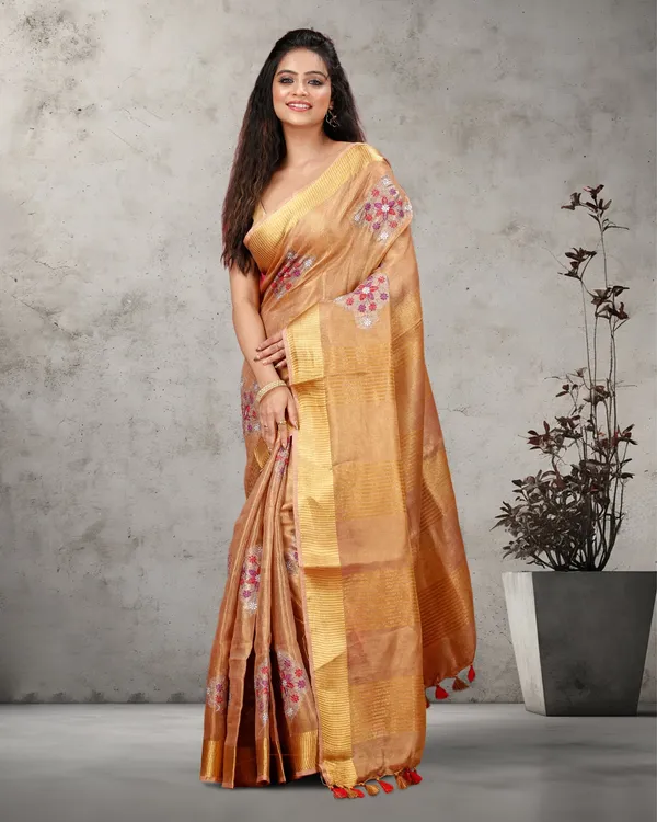 Shiromani_Tissue_Linen_Golden_Brown_Embroidered_Saree