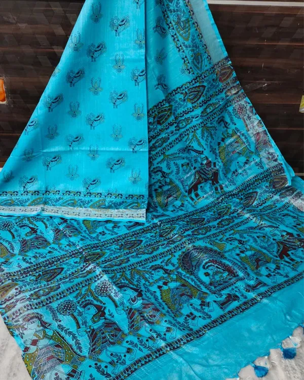 Madhubani_Slub_Linen_Turquoise_Blue_Saree