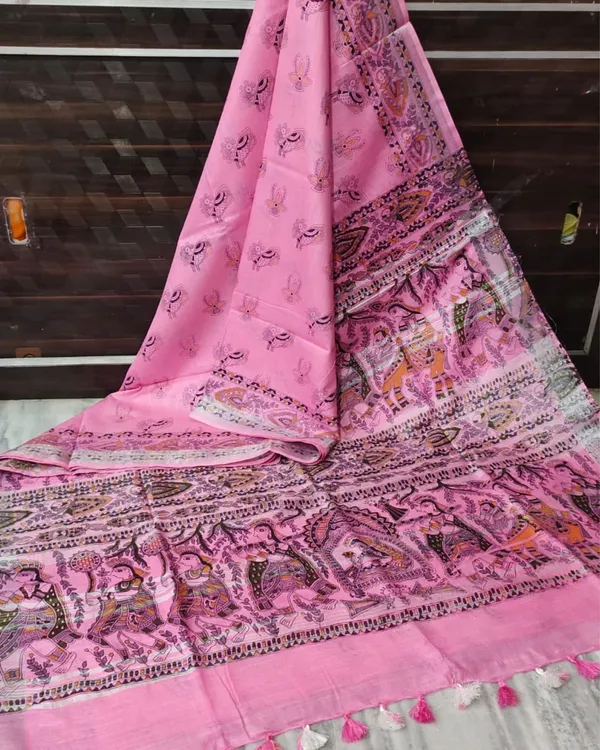 Madhubani_Slub_Linen_Rose_Pink_Saree