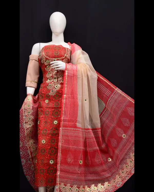Glimmering_Kota_Doria_Gota_Patti_Red_&_Beige_Suit