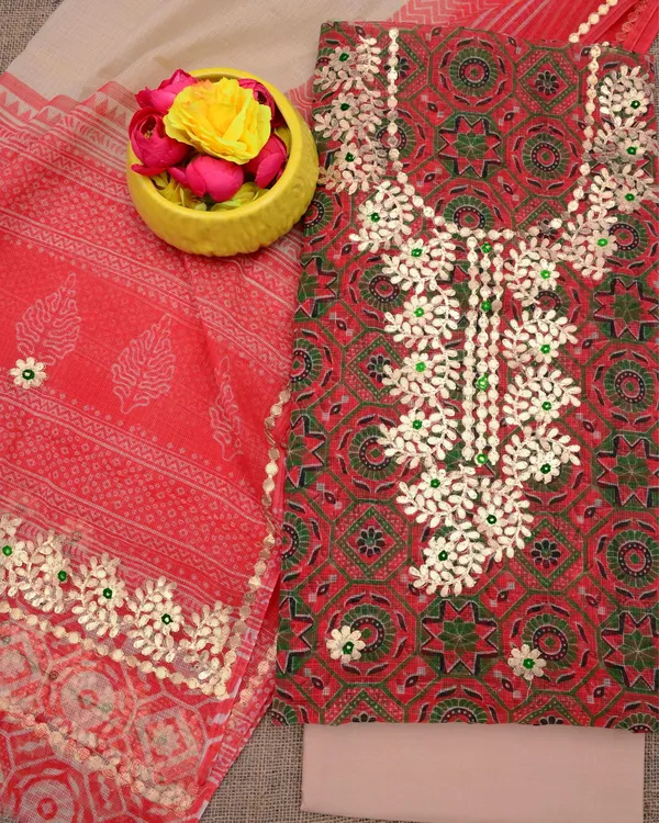 Glimmering_Kota_Doria_Gota_Patti_Red_&_Beige_Suit