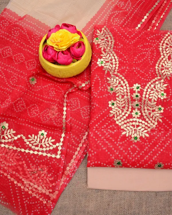 Glimmering_Kota_Doria_Red_Suit_(Top+Bottom+Dupatta)