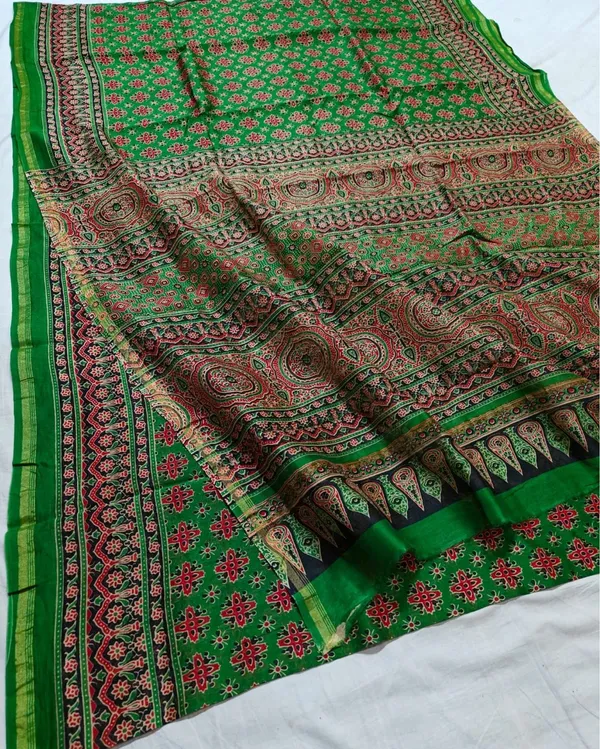 Lehrayein_Chanderi_Silk_Earthy_Green_Ajrakh_Printed_Saree