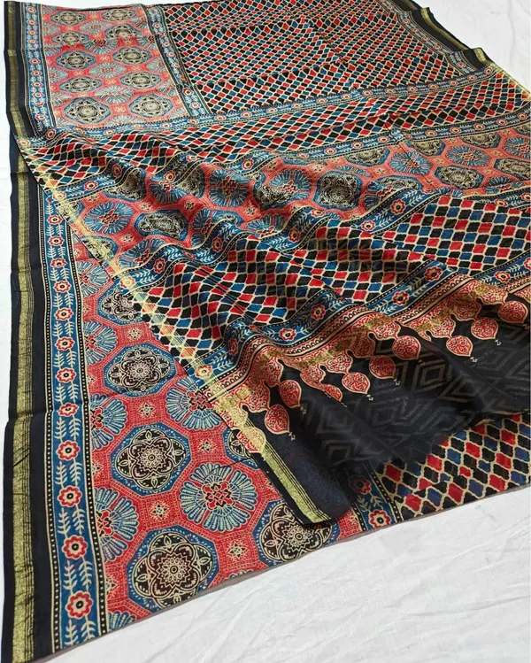 Lehrayein_Chanderi_Silk_Tonal_Multicolor_Ajrakh_Printed_Saree