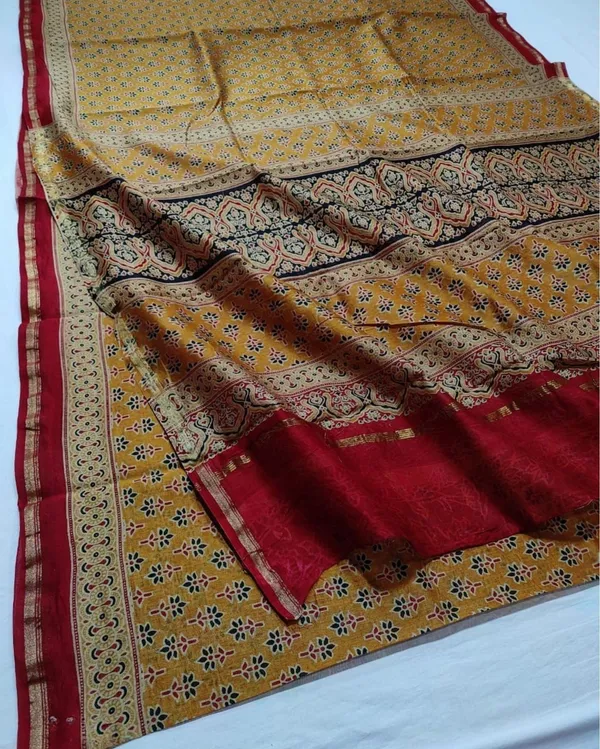 Lehrayein_Chanderi_Silk_Crisp_Yellow_Ajrakh_Printed_Saree