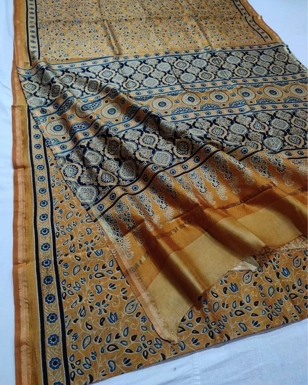 Lehrayein_Chanderi_Silk_Fair_Mustard_Ajrakh_Printed_Saree