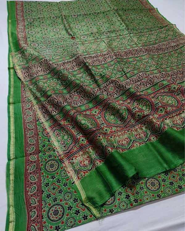 Lehrayein_Chanderi_Silk_Sappy_Green_Ajrakh_Printed_Saree