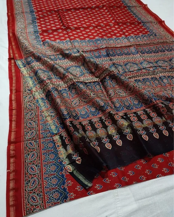 Lehrayein_Chanderi_Silk_Cherry_Red_Ajrakh_Printed_Saree