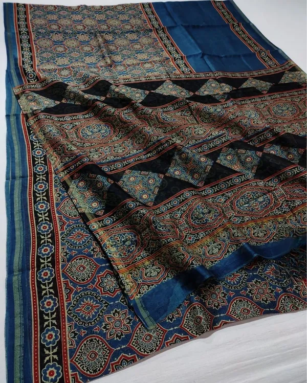 Lehrayein_Chanderi_Silk_Dusty_Blue_Ajrakh_Printed_Saree