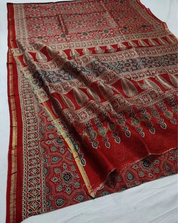 Lehrayein_Chanderi_Silk_Ruby_Red_Ajrakh_Printed_Saree