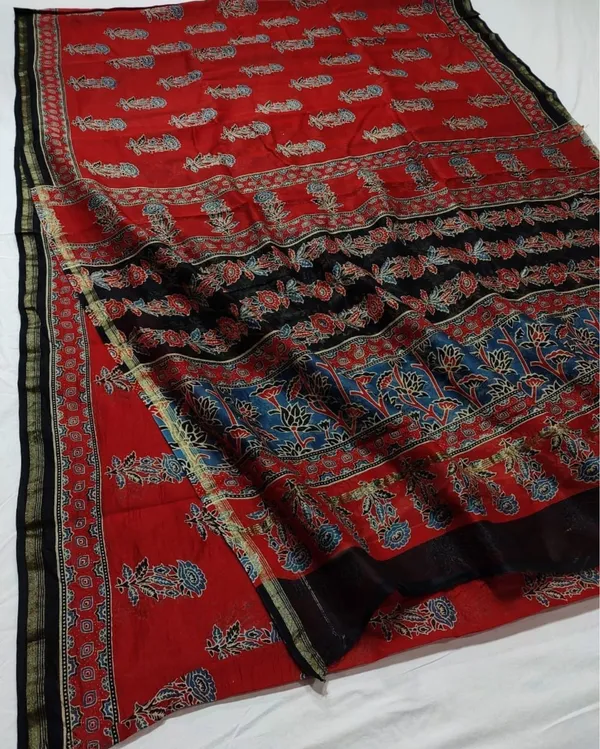 Lehrayein_Chanderi_Silk_Poppy_Red_Ajrakh_Printed_Saree