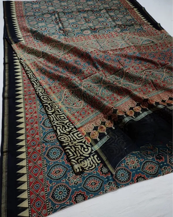 Lehrayein_Chanderi_Silk_Inky_Blue_Ajrakh_Printed_Saree