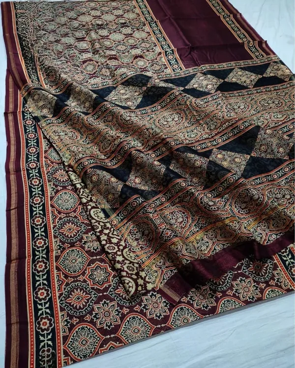 Lehrayein_Chanderi_Silk_Opulent_Wine_Ajrakh_Printed_Saree