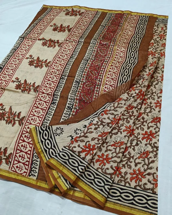 Whispering_Petals_Kalamkari_Chanderi_Silk_Fuzzy_Beige_Saree