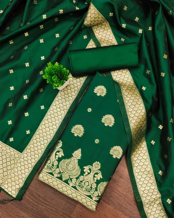 Noor-e-Banaras_Brocade_Lichi_Silk_Dark_Green_Suit