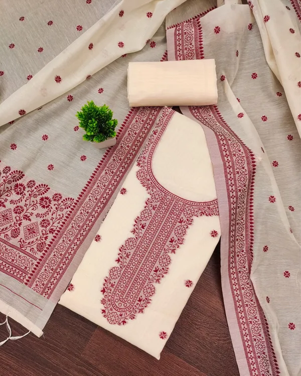Noor-e-Banaras_Cream_&_Maroon_Thread_Work_Cotton_Suit