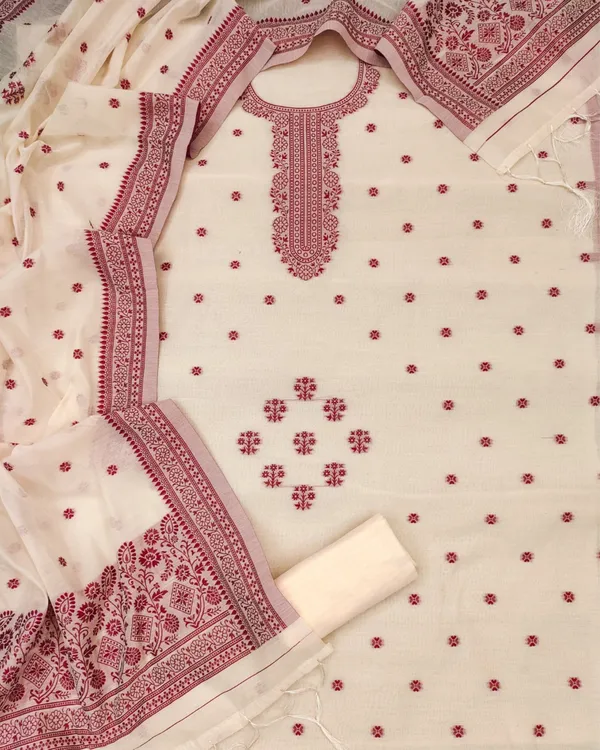 Noor-e-Banaras_Cream_&_Maroon_Thread_Work_Cotton_Suit