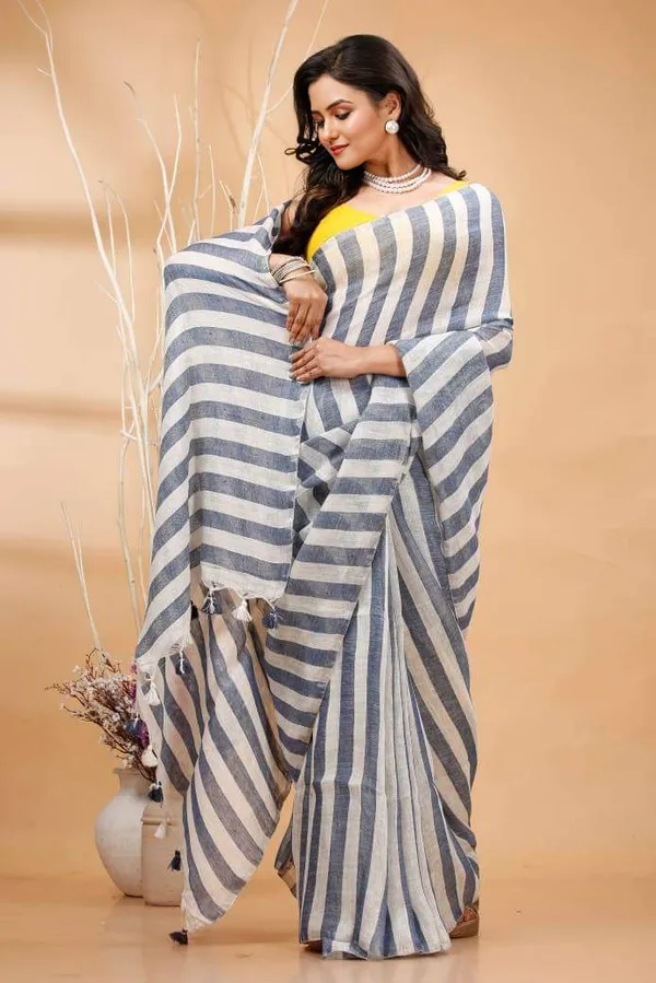Noor-e-Linen_Hand_Dyed_Striped_Saree