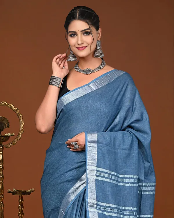 Noor-e-Linen_Hand_Dyed_Denim_Blue_Saree