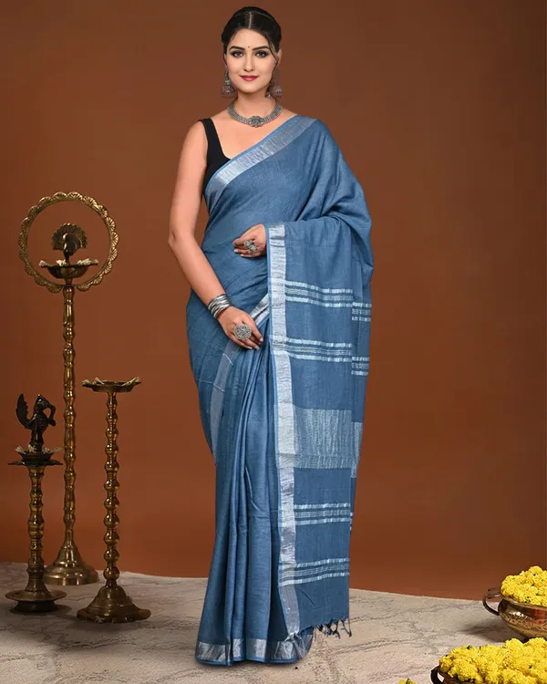 Noor-e-Linen_Hand_Dyed_Denim_Blue_Saree