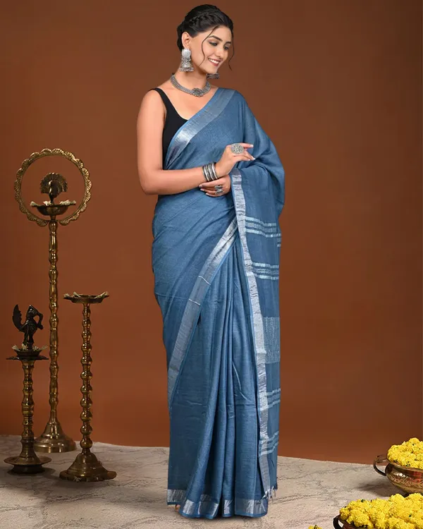 Noor-e-Linen_Hand_Dyed_Denim_Blue_Saree