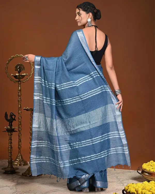 Noor-e-Linen_Hand_Dyed_Denim_Blue_Saree