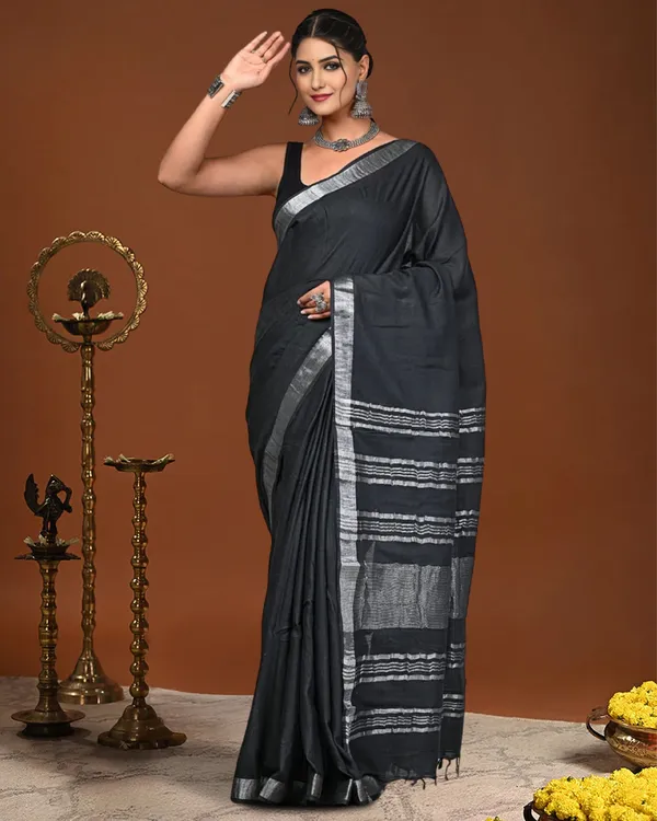 Noor-e-Linen_Hand_Dyed_Jet_Black_Saree
