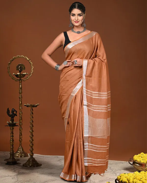 Noor-e-Linen_Hand_Dyed_Copper_Brown_Saree