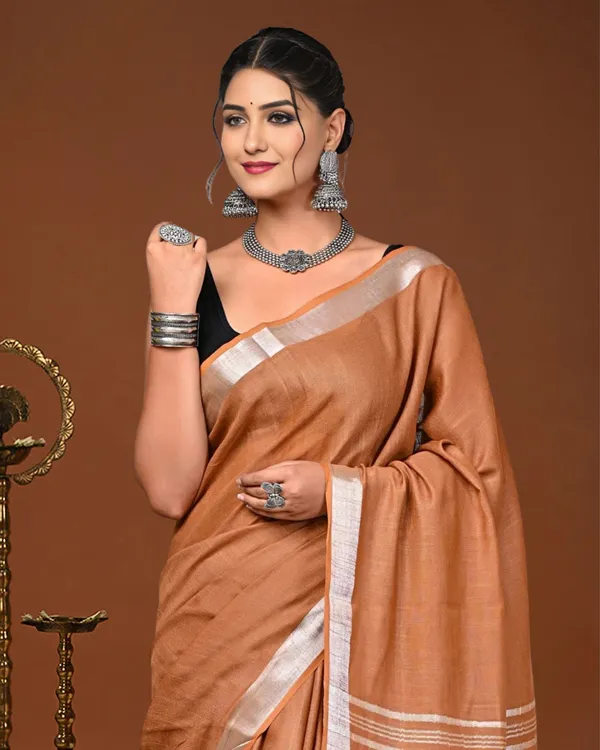 Noor-e-Linen_Hand_Dyed_Copper_Brown_Saree