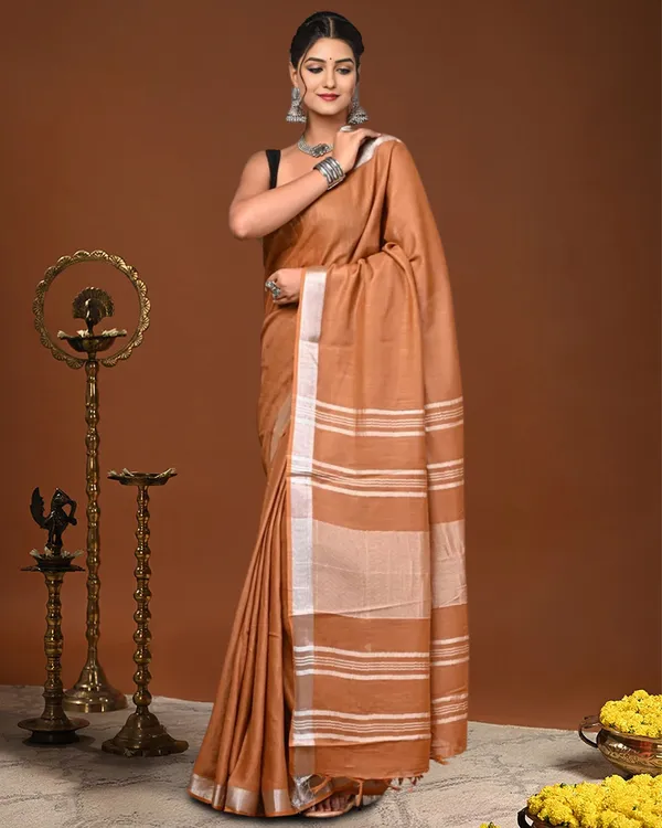 Noor-e-Linen_Hand_Dyed_Copper_Brown_Saree