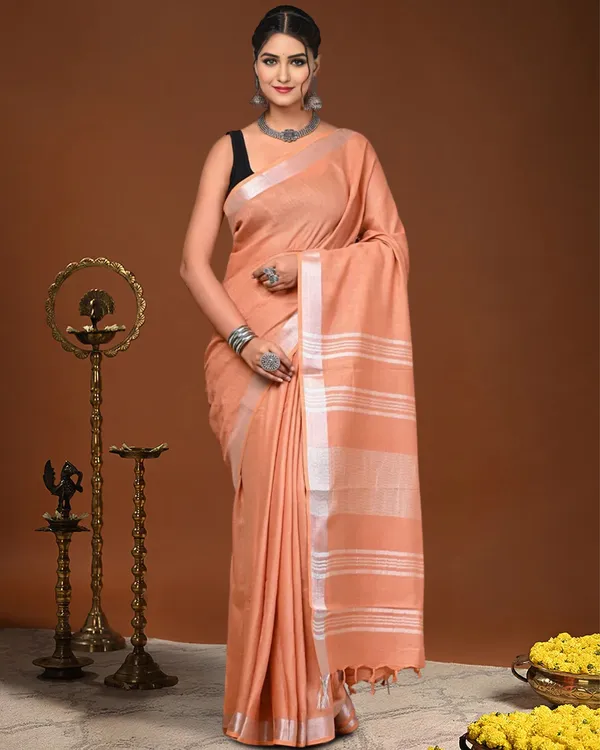 Noor-e-Linen_Hand_Dyed_Peach_Saree