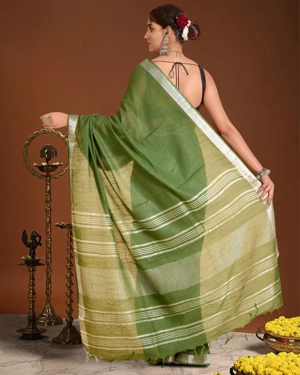 Noor-e-Linen_Hand_Dyed_Olive_Green_Saree