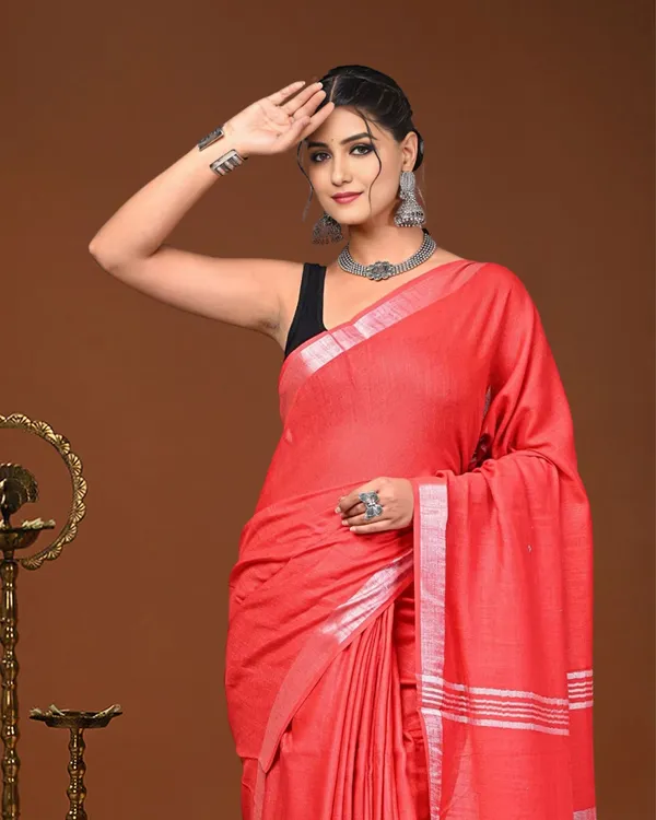 Noor-e-Linen_Hand_Dyed_Coral_Red_Saree