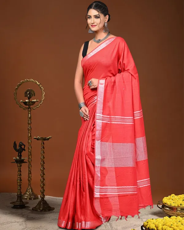 Noor-e-Linen_Hand_Dyed_Coral_Red_Saree