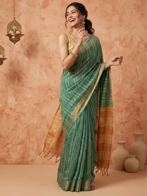 Roopangan_Hand_Dyed_Kota_Silk_Stripe_Saree_Green