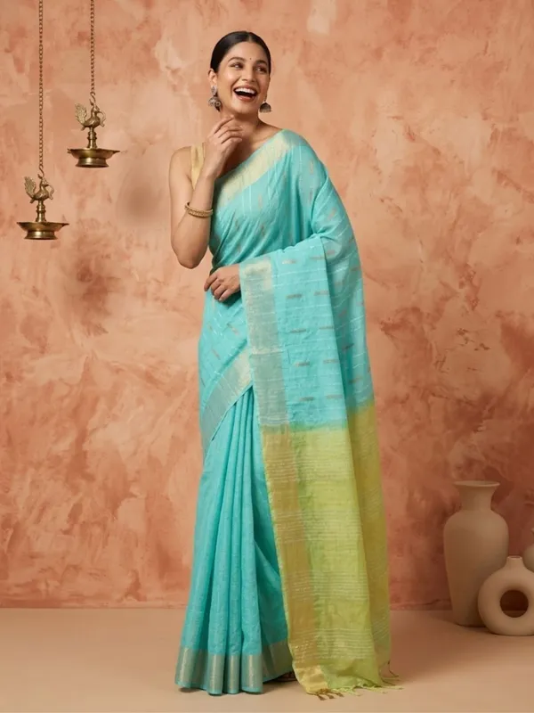 Roopangan_Hand_Dyed_Kota_Silk_Stripe_Saree_Blue