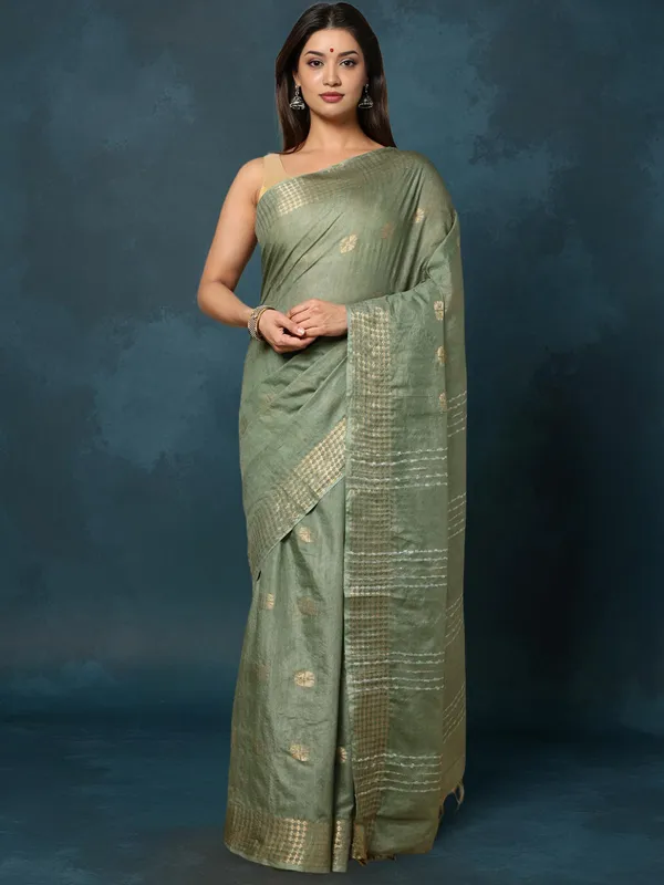 Kantha_Bloom_Kota_Silk_Dyed_Saree_Sage_Green