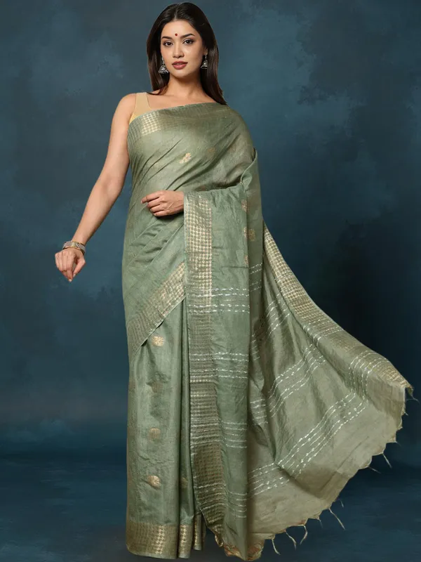 Kantha_Bloom_Kota_Silk_Dyed_Saree_Sage_Green